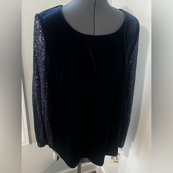 NWT Alex Evenings Sz M Formal Navy Blue Velvet Top with Sequin Long Sleeves - Picture 3 of 16